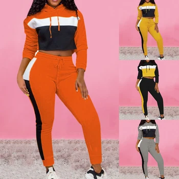 

Fashion Womens 2 Pieces Patchwork Sweatshirt Tracksuit Color Block Hoodie Sweatshirt Skinny Bodycon hoodie Long Pants Jumpsuits