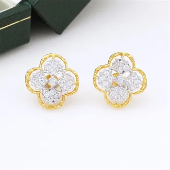 

CMajor S925 Solid Sterling Silver Delicate Luxurious Vintage Temperament Four-leaf Clover Shape Two Tone Stud Earrings for Women