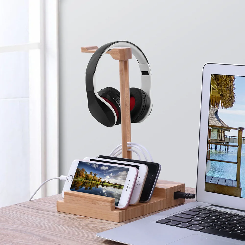 Wooden Headphone Hanger Light Weight Holder Stand With USB Interface Universal Charging Earphone USB 5V 3A Charger With 3 USB 3