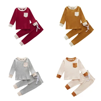 

4Colors 2Pcs 0-4Years Baby Long Sleeves Knitting Top + Trousers Simple Color Classic Round Neck Ribbed Closure Spring Clothing