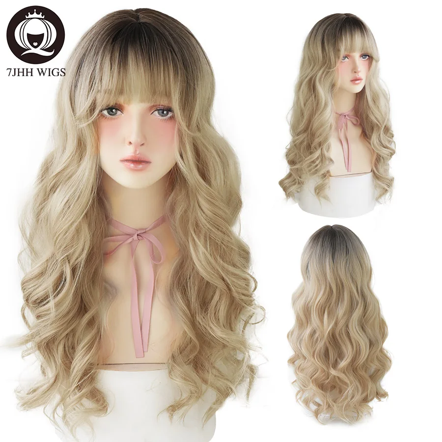 7JHH WIGS Long Deep Wave Light Blonde Wig For Women Natural Looking Synthetic Loose Ombre Hair Wig with Bangs Lolita Costume Wig be hair be color 12 minute light blonde ash краска для волос тон 8 1 светлый блондин пепельный 100 мл