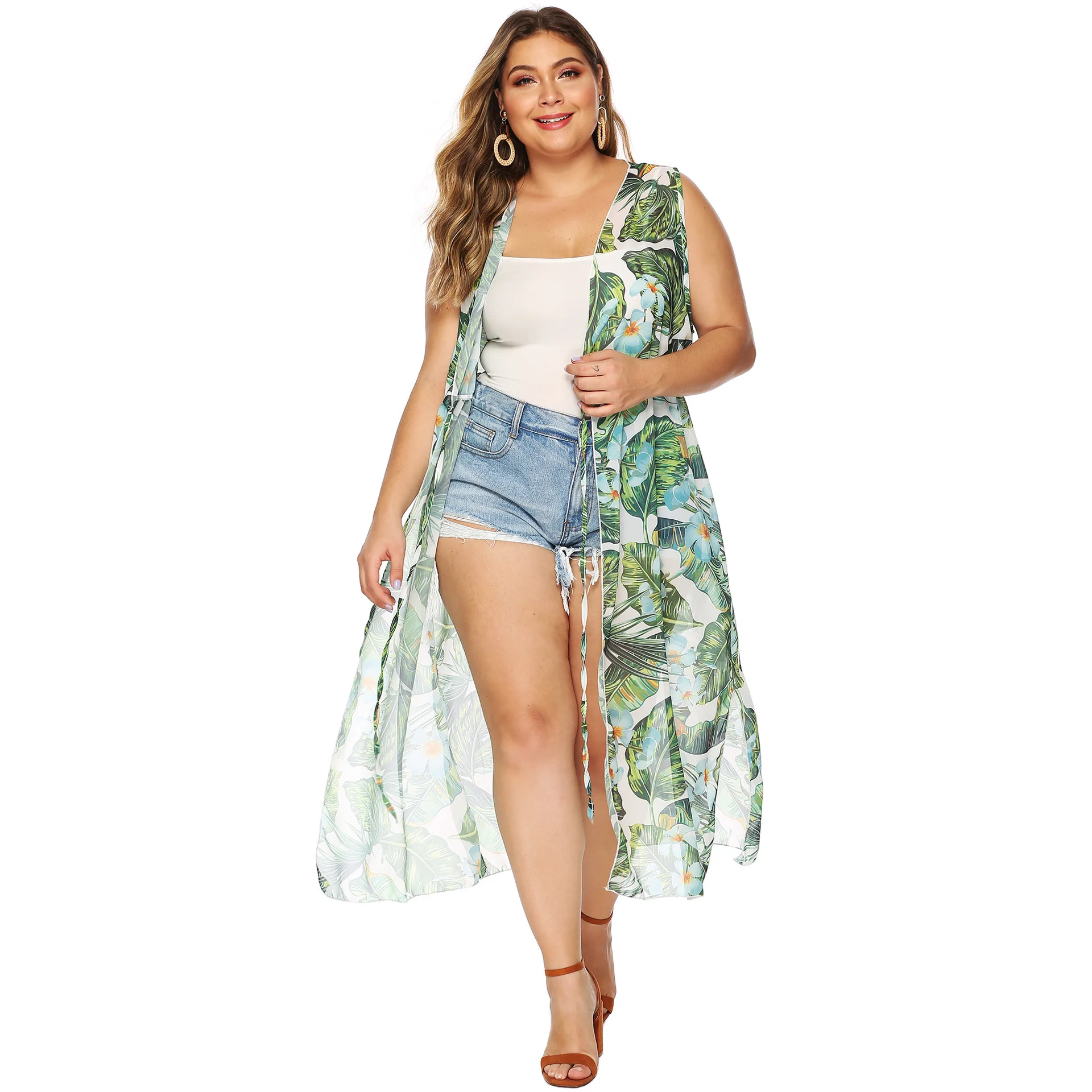 

Plant Printed Waist Hugging Bandage Cloth Slit Vest Sun-resistant Cover-up Versatile Cardigan Chiffon Large Size Dress Women's 1