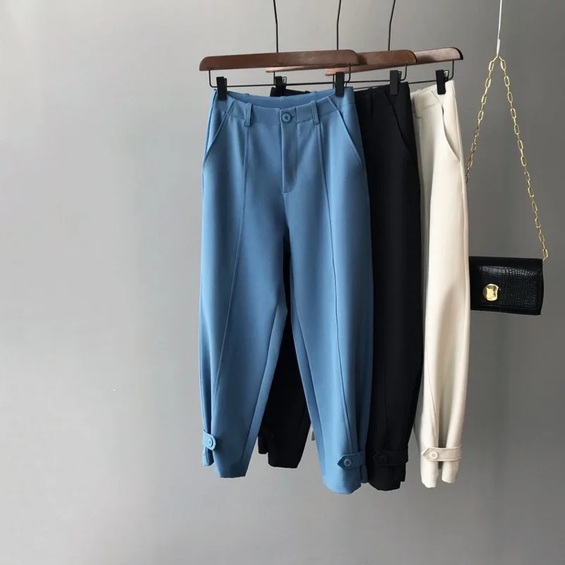 

Autumn 2019 Solid Color Button Casual Pants High Waist Straight Drop Feeling Wide Leg Women's Ankle-Length Pants OL
