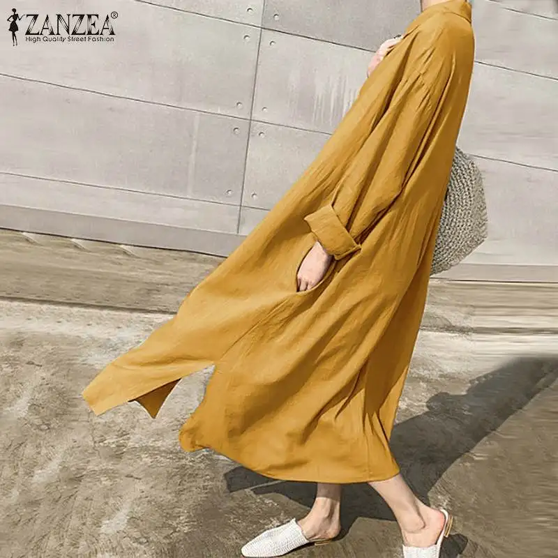 ZANZEA женское Элегантное Длинное Платье-рубашка с v-образным вырезом на пуговицах, Осеннее однотонное хлопковое льняное платье, женский сарафан, халат с длинным рукавом и отворотом, Vestido
