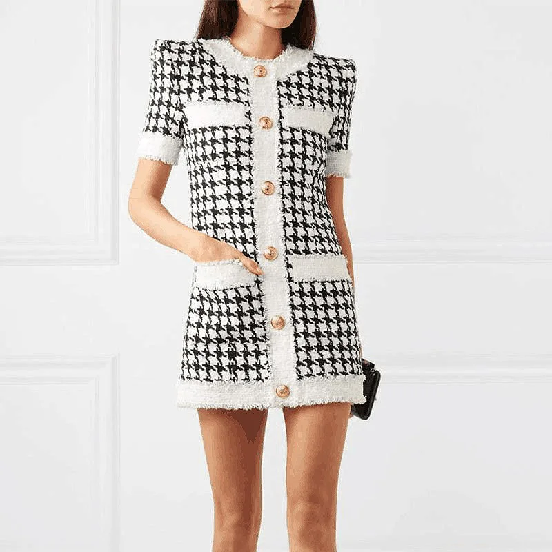 

HIGH QUALITY New Design Plaid Dress Temperament O-neck Classic Gold Buttons Mustard Tweed Houndstooth Office Ladies Women Dress