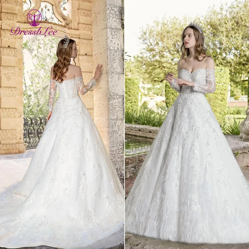 DressbLee Новое поступление свадебное платье с длинными рукавами кружевное вышитое бисером свадебное платье со шлейфом