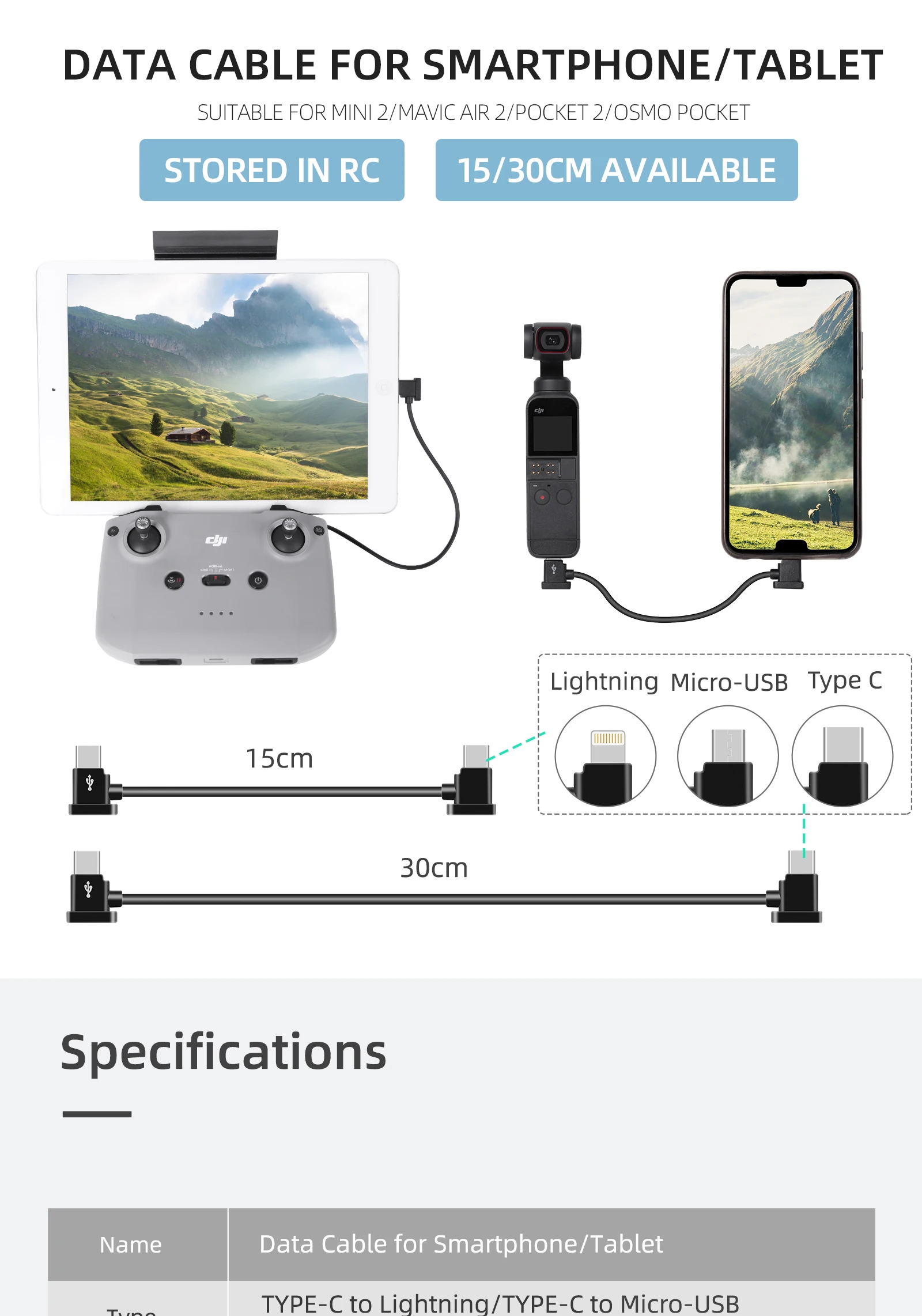 Description Picture 2 of itemPhone Tablet Data Cable for DJI NEO/Mini 4K/4/3 Pro/AIR 3/Mavic 3 Pro/DJI Avata Goggles 2/Mavic 3/Air 2S/FPV V2/Mini 2/Pocket