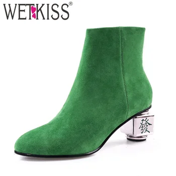 

WETKISS Kid Suede Ankle Boots Women Strange Style Booties High Heels Shoes Female Round Toe Zip Shoes Ladies Spring 2020 New