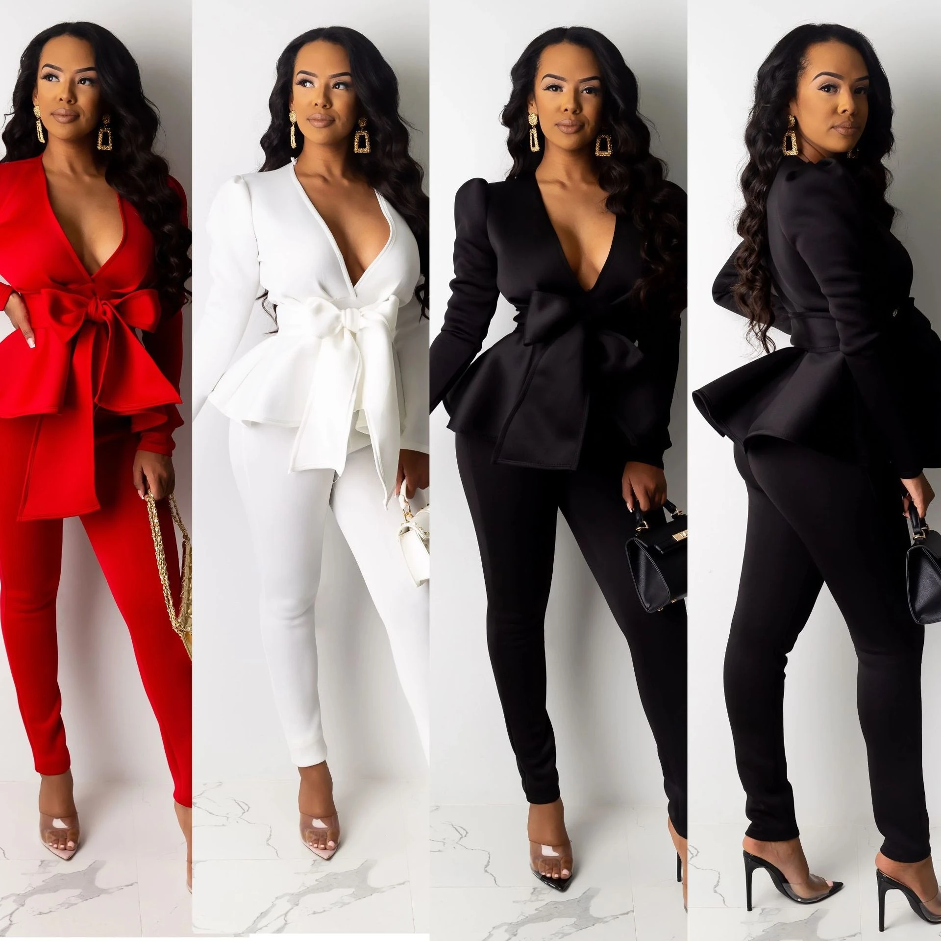 

Women Winter Women's Set Tracksuit Plus Size Ruffles Bow Blazers Pants Suit 2 Two Piece Set Office Lady Business Uniform Outfits