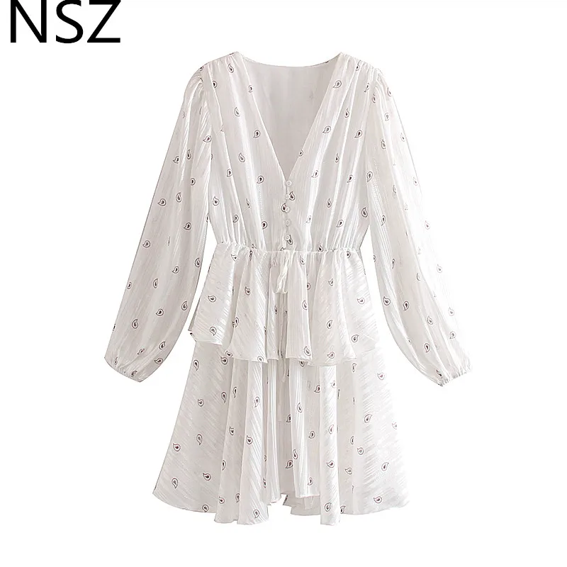 

NSZ Women White Striped Print Mini Dress Long Sleeve v neck Transparent Lamination Ruffles Short Dresses