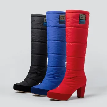 

Womens Round Toe Down Puffer Knee Thigh High Boots Platform Block Heel Waterproof Warm Snow Winter Thick Fleece Shoes 3Colors