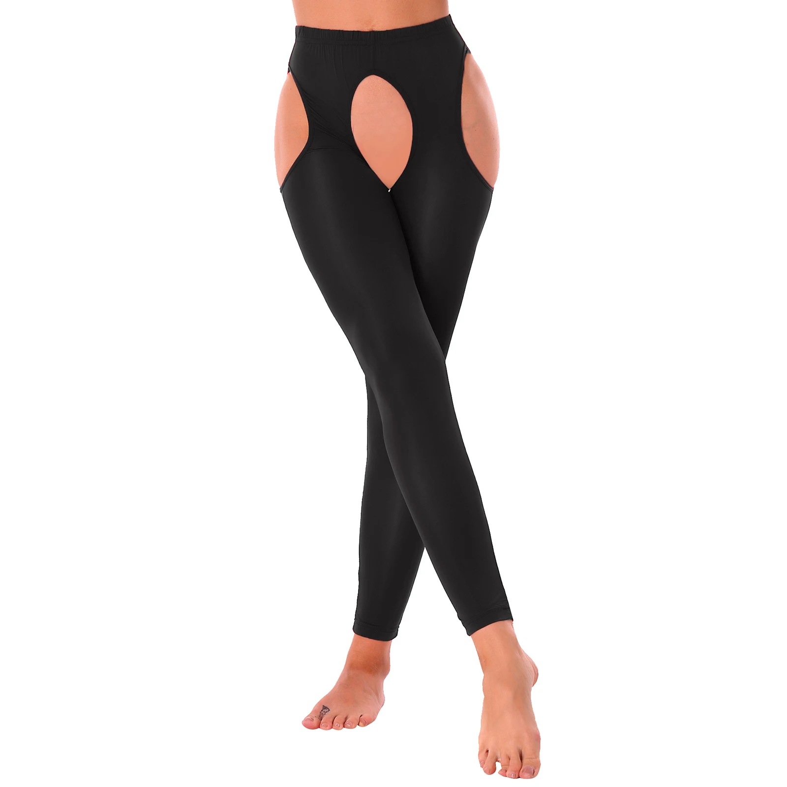 

Women Stretchy Hollow Out Crotchless Leggings Sleepwear Sexy Glossy Elastic Waistband Skinny Pants Underwear Nightwear