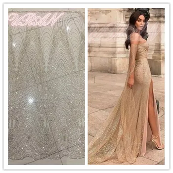 

hand print Glued glitter Embroidered Cord Lace Fabric for bridal dress Nigerian tulle french net Lace