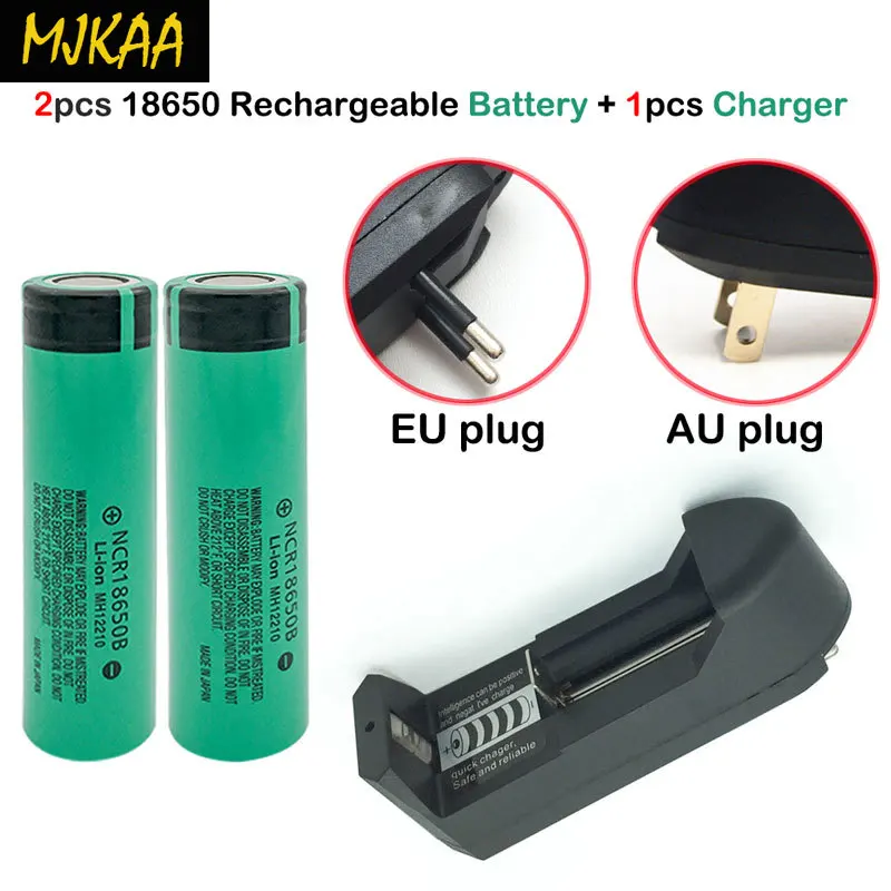 2шт MJKAA 3400 mAH 3,7 V перезаряжаемая 18650 батарея фонарик батарея + 1 шт зарядное устройство (EU/AU Plug)