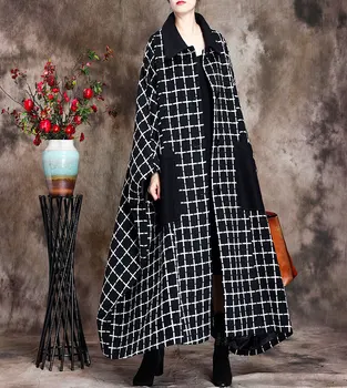 

SuperAen Winter 2020 New Plaid Big Size Cape Windshield Personality Street Fashion Wool Coat X-Long Single Breasted Trench Coat
