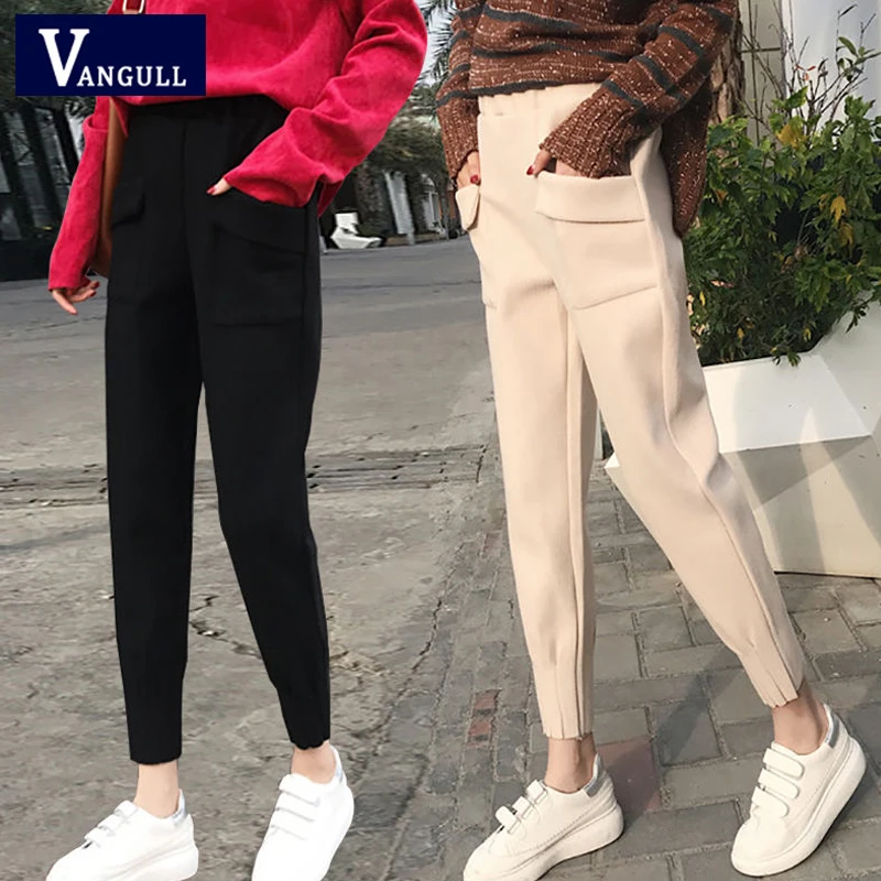 

Vangull Casual Women Pants Winter Thicken Wool Harem Pants 2019 New Autumn High Waist Pleated Solid Loose Ankle-Length Pants