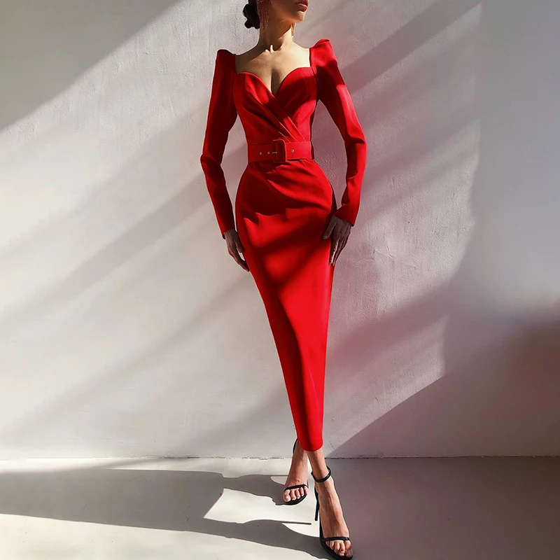 InstaHot Elegant Party Women Dress Slim V Neck Long Sleeve Mid Calf Pencil Dress 2020 Casual Office Lady Solid Red Puff Sleeve