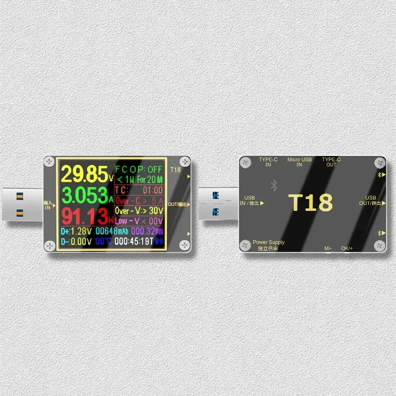 DANIU 18 in 1 USB Tester Current Voltmeter Meter HD Color TFT 1.8" PD3.0 Fast Charging Protocol Capacity Test Computer Online
