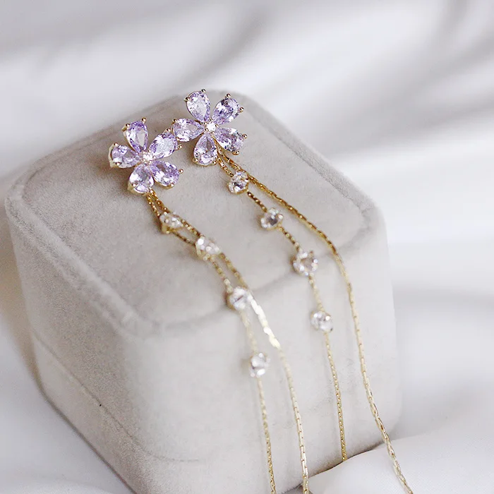 

Fashion sparkling Long two gold chains with CZ crystals Drop Earrings Light purple flowers Dangle Earrings Accessories Party