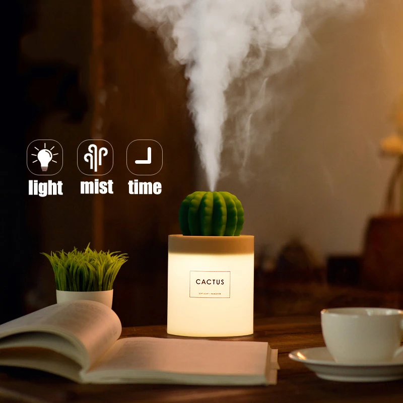 

280ml USB Air Humidifier Cactus Timing Aromatherapy Diffuser Mist Maker Fogger Mini Aroma Diffuser With Night Light for Home