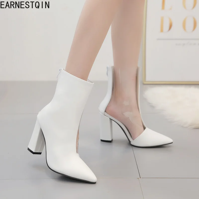 

European new wild PU transparent ankle boots pointed toe thick high-heeled woemn boots
