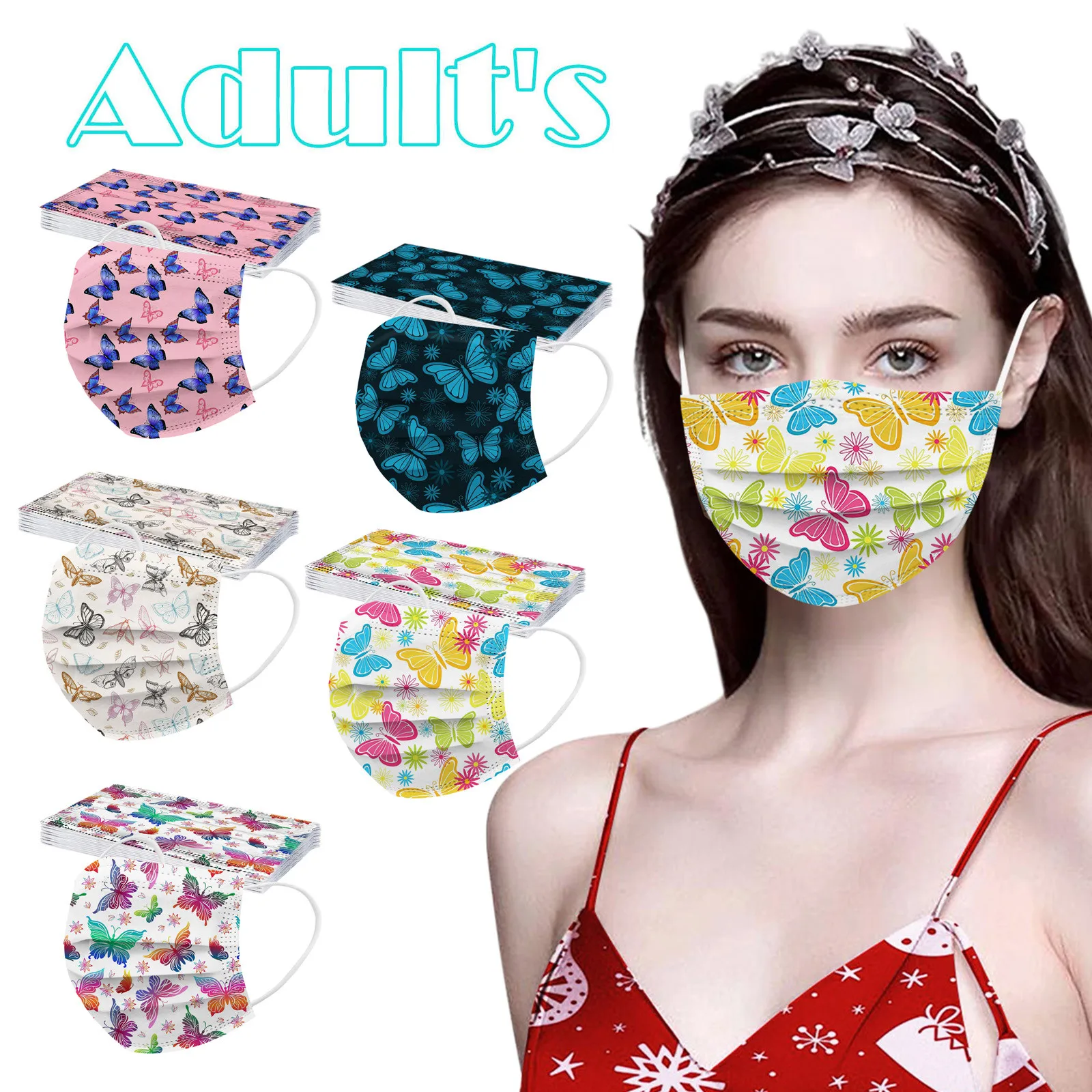Одноразовая трехслойная дышащая маска для лица с бабочками взрослых и