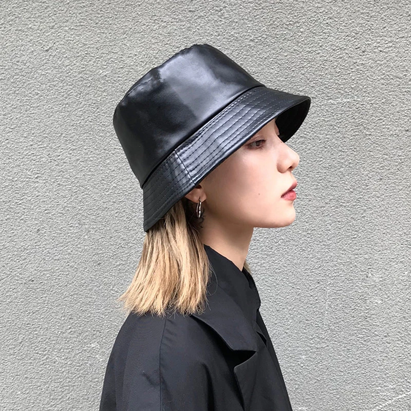 2022 New Faux Leather Bucket Hat Women Reversible Pu And Cotton Soild Sun Hat Fashion Autumn Waterproof Fisherman Hat white fur bucket hat