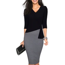 Женская повседневная одежда для работы, офисное облегающее платье-карандаш, Осеннее элегантное классное платье с v-образным вырезом, лоскутные облегающие платья EB333