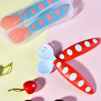 

2Pcs Bendable Baby Feeding Spoon Fork Set Toddler Infant Learning Tableware Flatware Silicone Kids Cutlery with Storage Box
