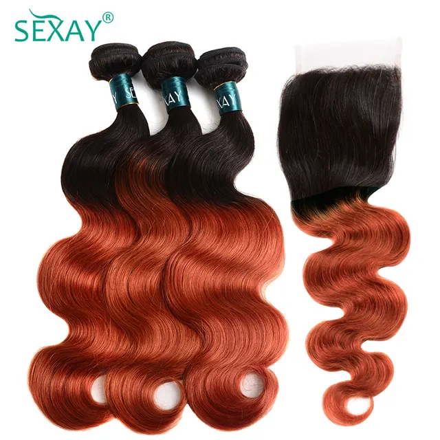 Sexay Burnt Orange Human Hair Bundles With Closure Ombre 1B/350 Remy Brazilian Body Wave Hair With Frontals 3 Pcs With Closure Bundles with Closure
