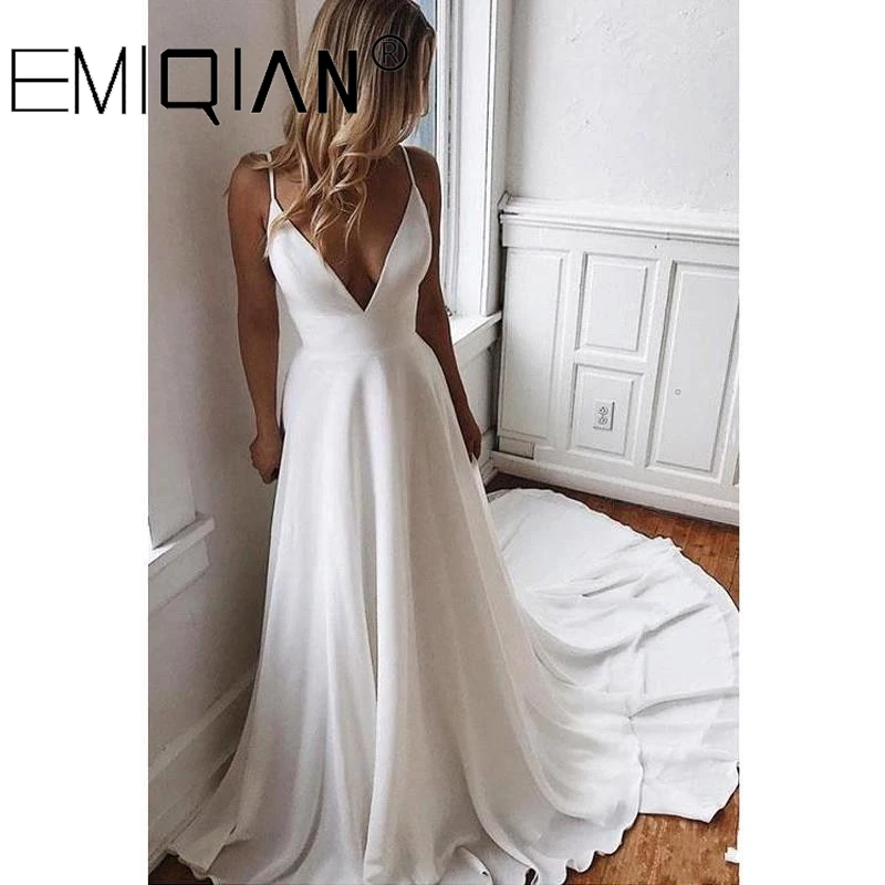 Long Chiffon Boho Beach Wedding Gown,Summer A Line Simple White Bride Wedding Dress, V Neck Bridal Party Dress,Vestido De Noiva