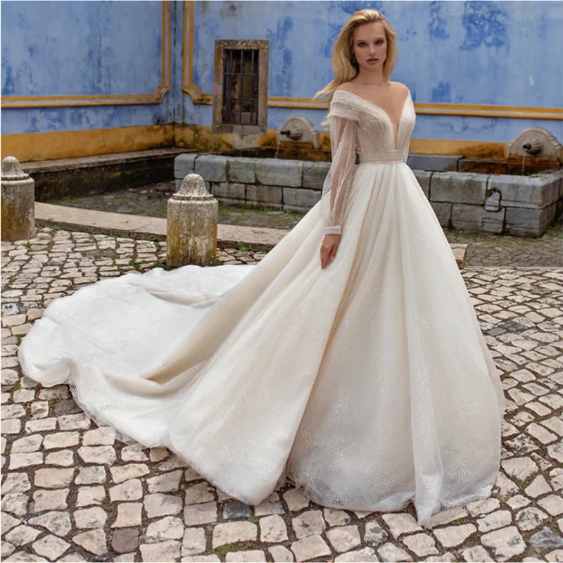 

Deep V-Neck Wedding Dresses Off-The-Shoulder Full Sleeve Floor-Length A-Line with Tulle Zipper Back Sweep Train Bridal vestidos