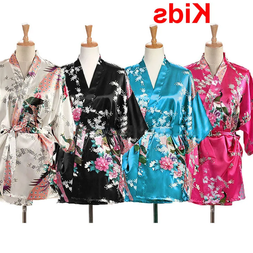 Пижамы на шнурках для девочек-подростков, платье для сна, атласное шелковое японское кимоно юката банный халат, Детская ночная рубашка
