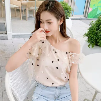 

Summer Women Korean Sweet Ruffles Mesh Blouses Female Heart Printing Plus Size Shirts Skew Collar Sexy Shirts Top