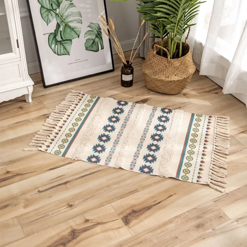 Retro Bohemian Hand Woven Cotton Linen Carpet Morocco Printed Area Rugs Tufted Tassels Anti Skid Pad Throw Rug Bath Doormat non slip carpet