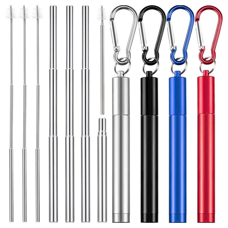 4 Pieces Portable Collapsible Reusable Straws Telescopic Metal Straws Folding Drinking Straws Keychain Set with Stainless Steel