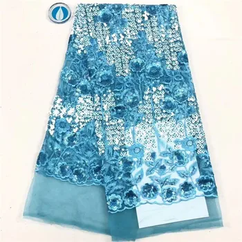 

Latest design French Net Lace Fabric, High Quality Elegant Blue African Tulle lace Sequins Nigerian Lace Fabrics Wedding 5Yards