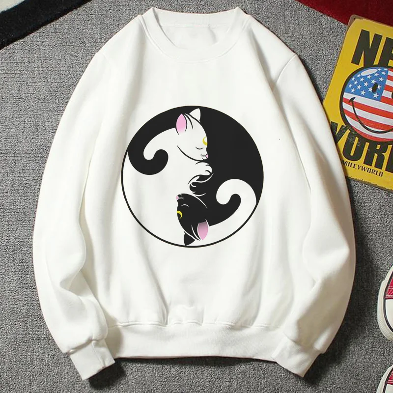 

Harajuku Hoody Clothes Kawaii Sailor Moon Women Sweatshirt Vogue Print Black And White Cat Top Autumn Casual Long Sleeve Hoodie