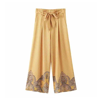 

Fashion women print wide leg pants bow tie sashes pockets full length trousers female long pantalones