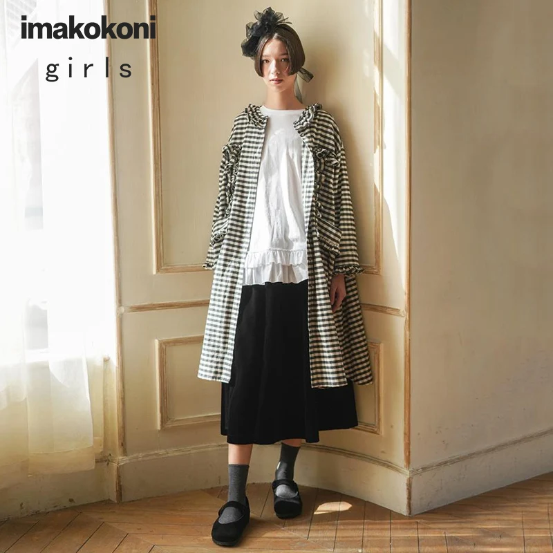 

Imakokoni black and white plaid coat original design wild casual long-sleeved mid-length female c
