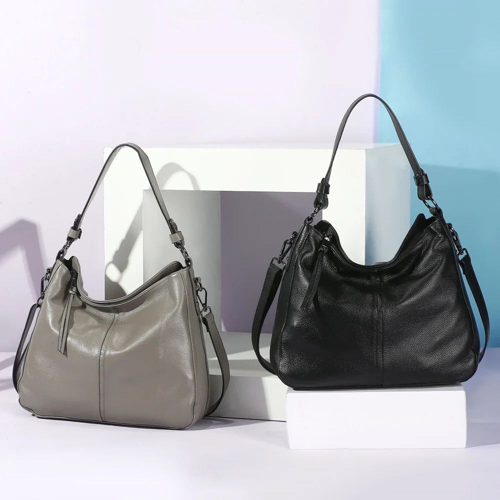 Zency 100% Genuine Leather Elegant Women Shoulder Bag Classic Black Hobos Roomy Casual Tote Handbag Crossbody Messenger Grey 3