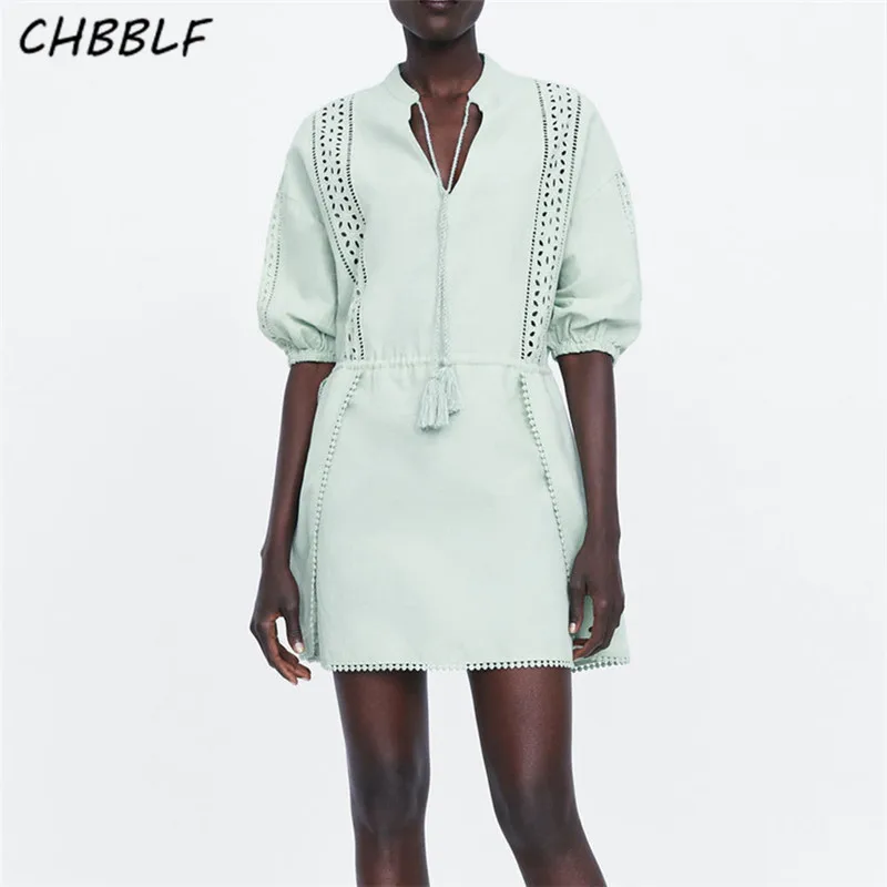 

CHBBLF women V neck embroidery hollow out dress drawstring tie tassels decorate half sleeve female A line dresses vestido C9735