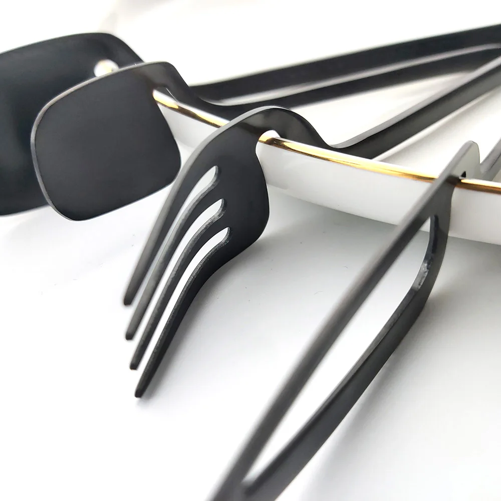 Ensemble de vaisselle noire 16 pièces, décoration de cuisine, cuillère, fourchette, couteau, ensemble de vaisselle, couverts en or mat, crème glacée, desserts, soupe, café_voghion.com