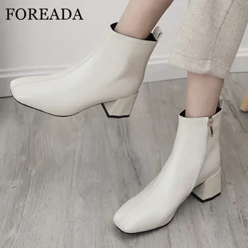 

FOREADA High Heel Women Boots Real Leather Ankle Boots Zip Block Heel Short Boots Square Toe Lady Shoes Autumn Winter White 43