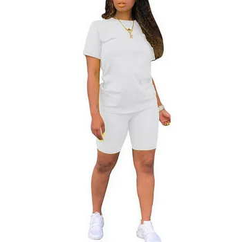 

2020 Summer Womens Set Fashion Loose Solid Color Crew Neck Short Sleeve Shorts Set Casual Gym Sport Outdoor Suit Set Plus Size