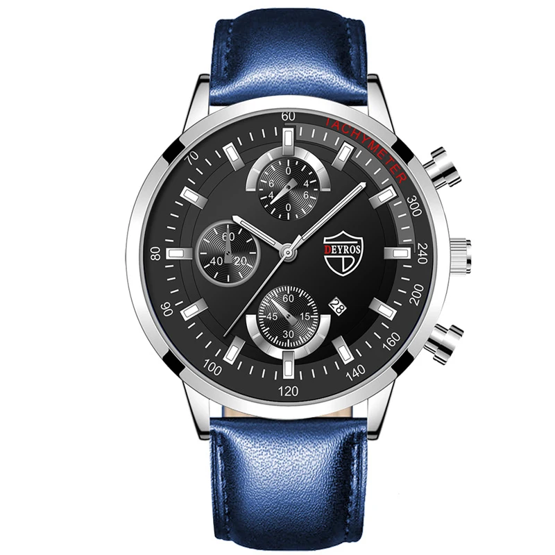Luxury Mens Leather Watches Stainless Steel Fashion Calendar Quartz Wrist Watch Leather Bracelet Male Business Luminous Clock 