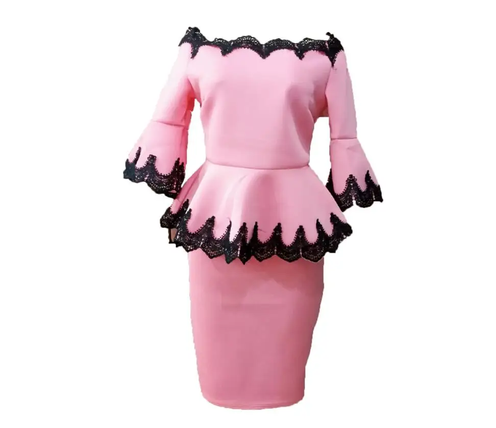 Женский кружевной топ с рюшами+ полуплатье, комплект на одно плечо, рукав-труба, деловой костюм, облегающее платье-карандаш, полуплатье, костюм большого размера - Цвет: Розовый
