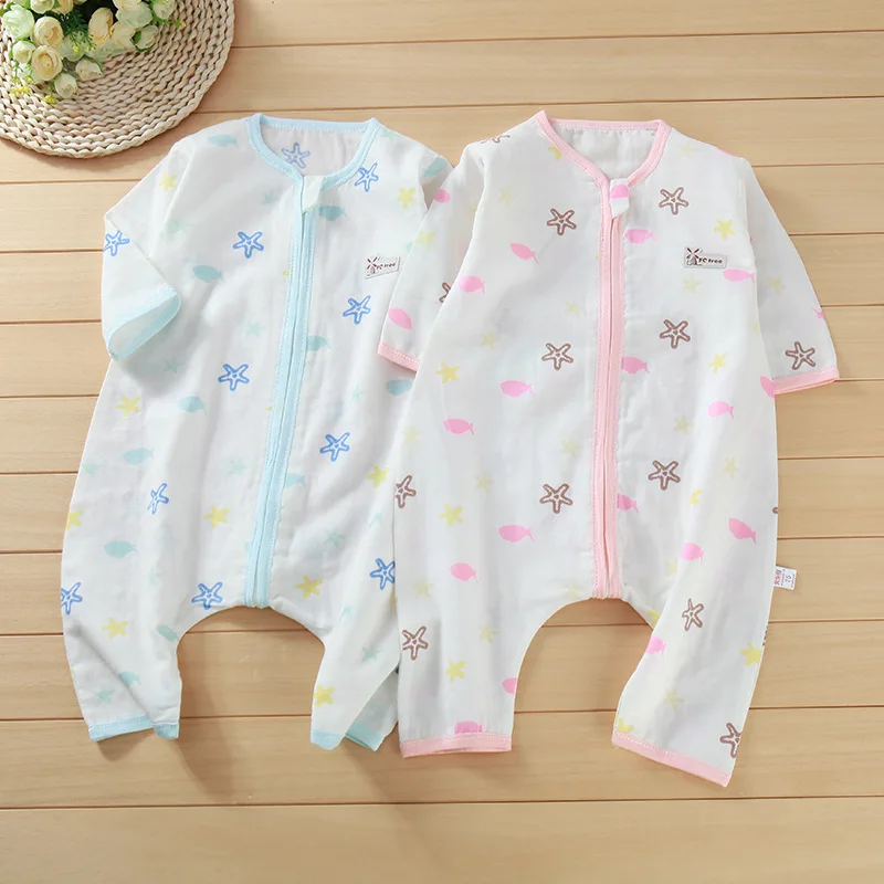 

Newborn Clothes Infant Rompers 2020 Summer Ultra-thin Baby Sleeping Bag 2-layer Cotton Gauze Split Leg Print Baby Climbing Suit