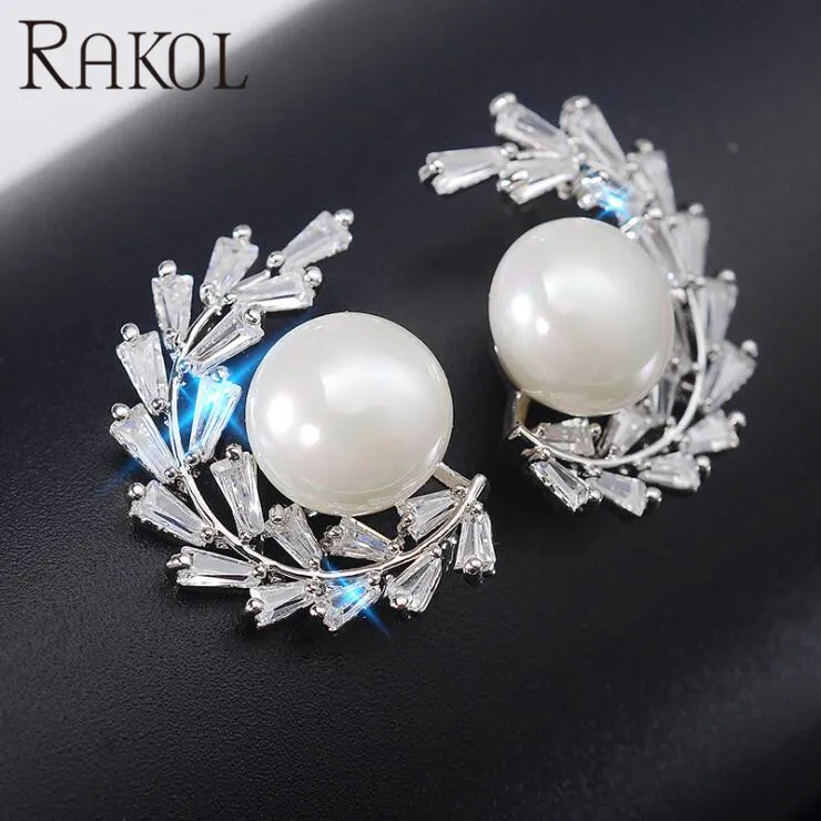 

RAKOL Luxury AAA Cubic Zircon Imitation Pearl Wedding Stud Earrings Bridal Crystal Jewelry Accessories Anniversary Gift RE033338