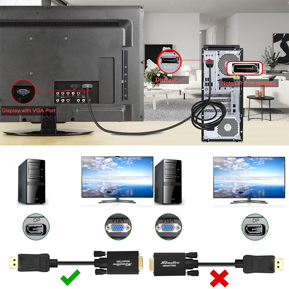 HD 1080P Displayport-VGA  ̺ Male-Male ȯ, DisplayPort DP VGA ̺ TV ڽ PC Ʈ  